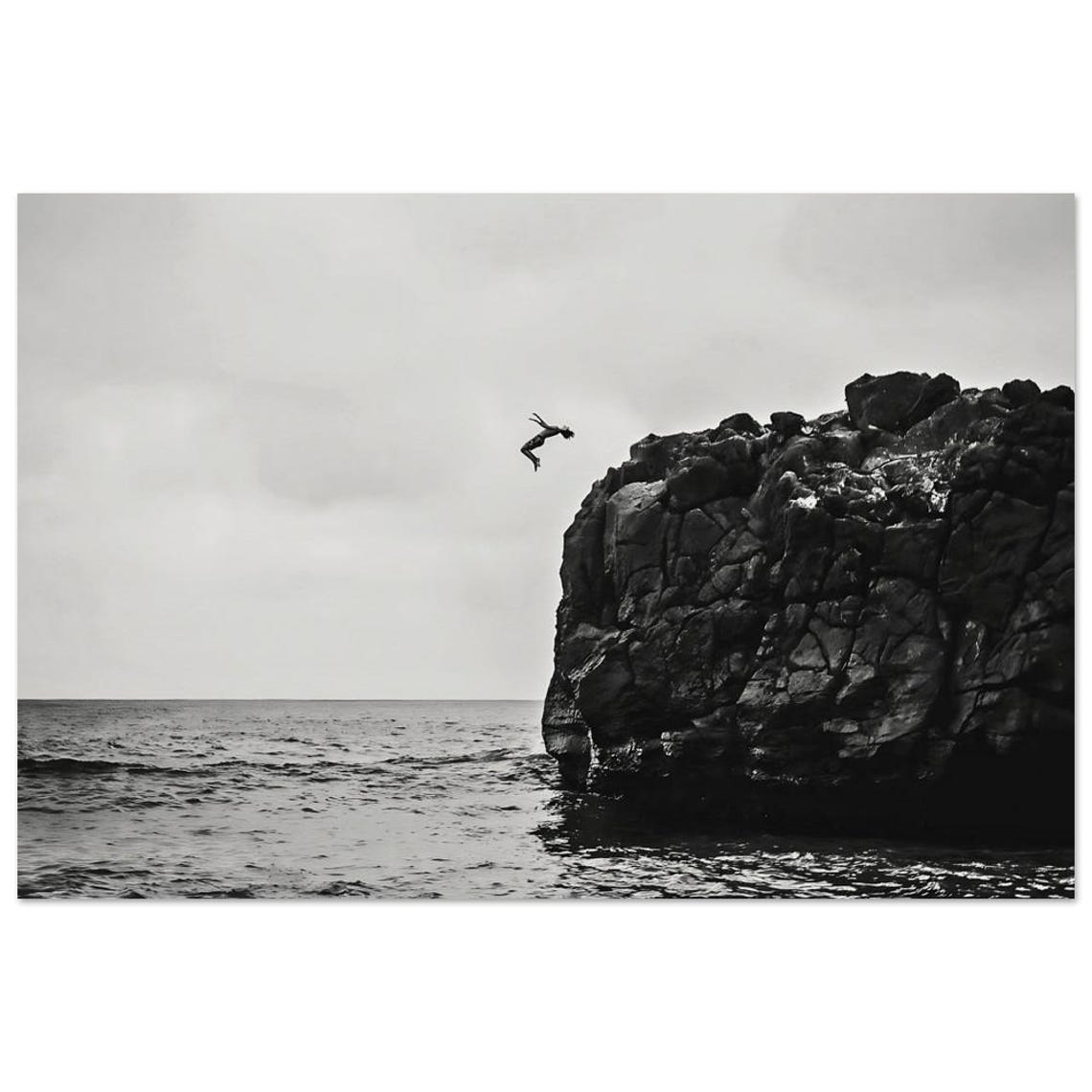 Cliff Diver Black And White Ocean Jump Photography Sports Print