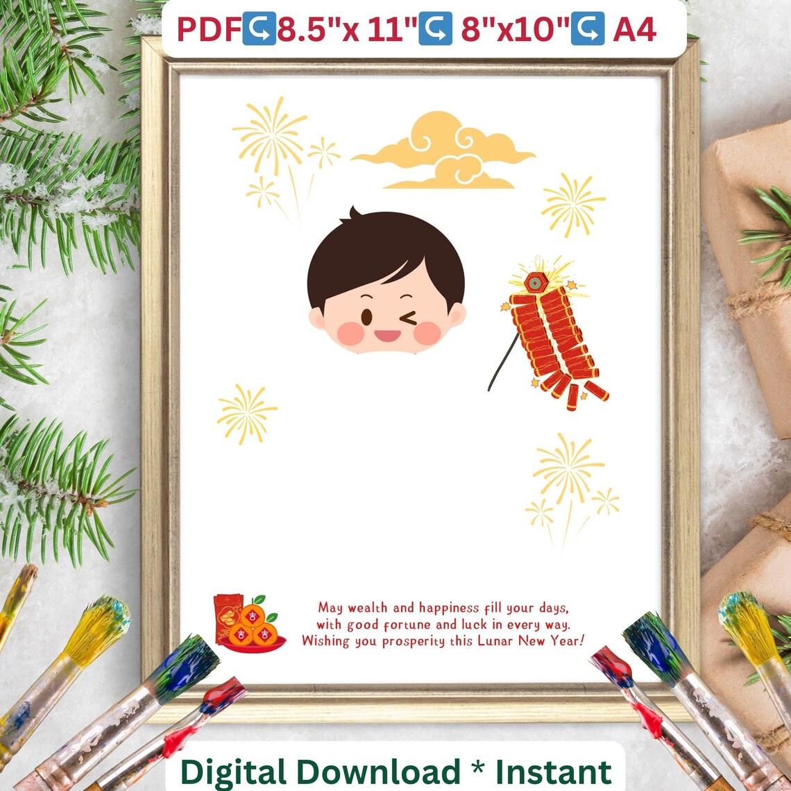 Lunar New Year Boy Handprint Art Prosperity Blessing Kids Craft Poster - Image 2