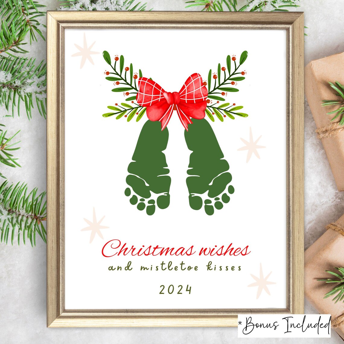 Christmas Wishes And Mistletoe Kisses Footprint Art Holiday Poster