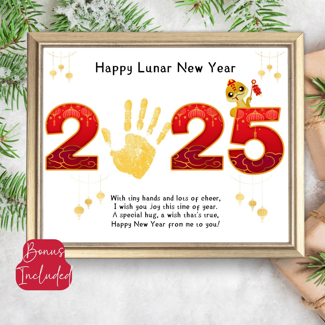 Happy Lunar New Year 2025 Lantern Handprint Poem Craft Keepsake Poster