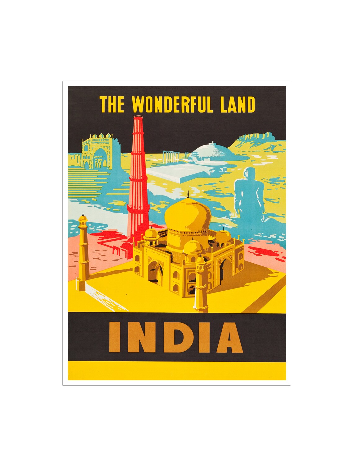 India The Wonderful Land Poster Taj Mahal Qutub Minar Vintage Art