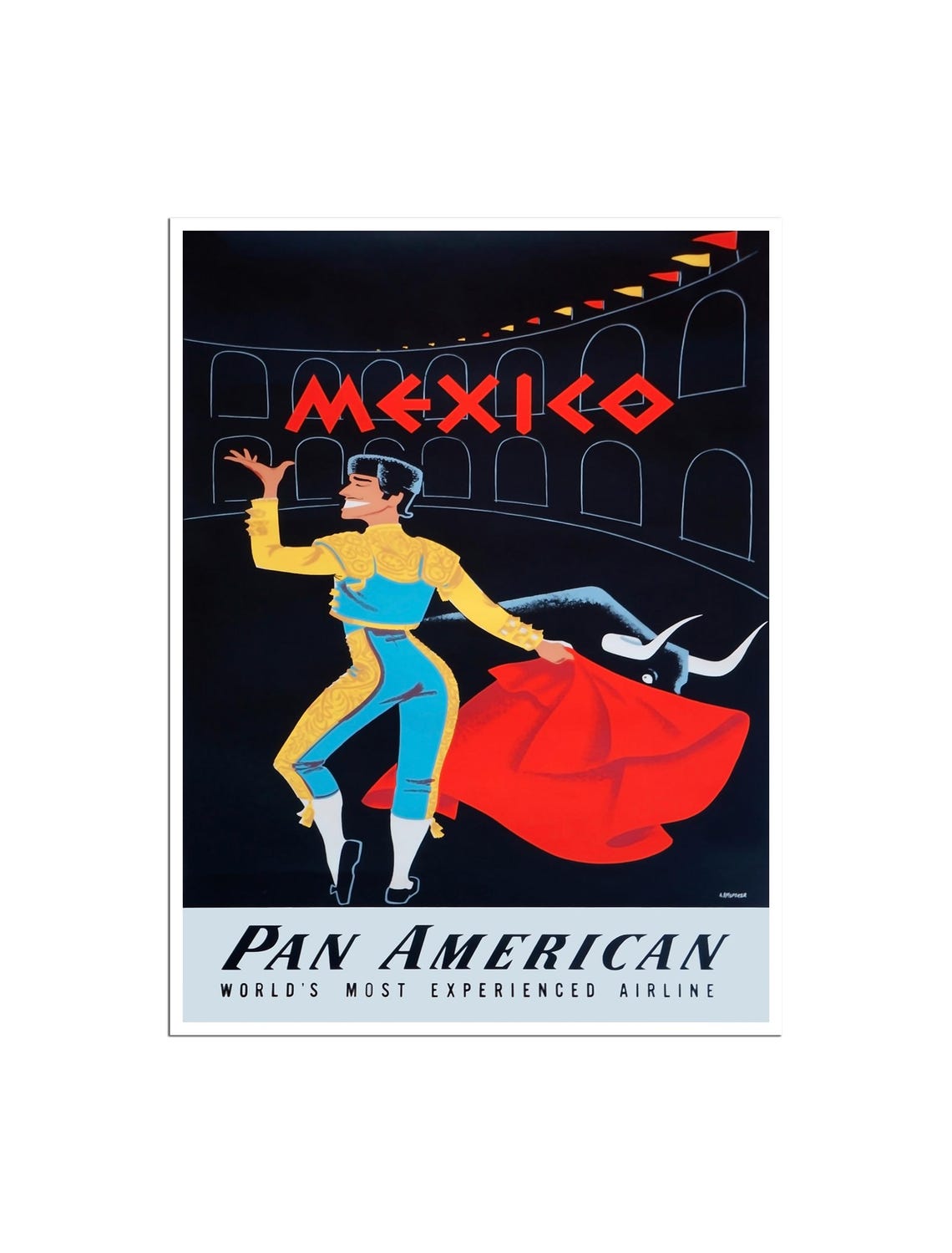 Mexico Pan American Airline Poster Matador Bullfight Arena Vintage