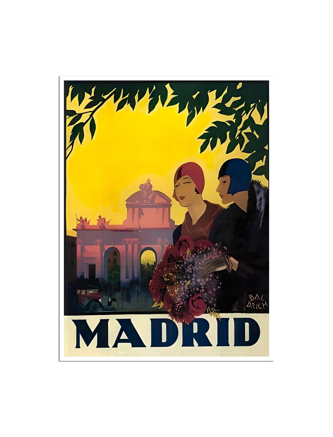 Madrid Puerta de Alcalá Women Art Deco Vintage Travel Poster