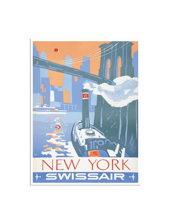 New York Swissair Brooklyn Bridge Sunset Tugboat Harbor Poster