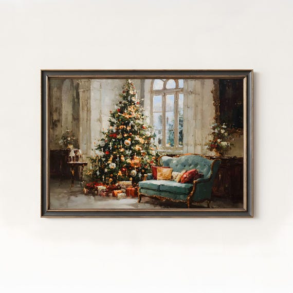 Christmas Tree Oil Painting Elegant Living Room Window Scene Poster