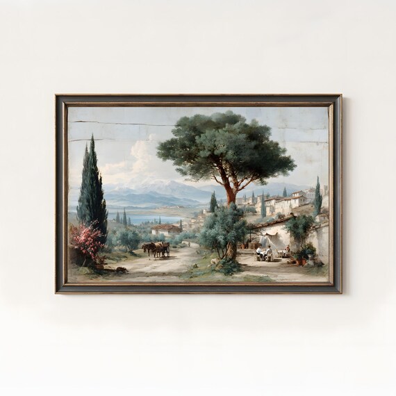 Vintage Italian Countryside Cypress Trees Village Mediterranean Poster