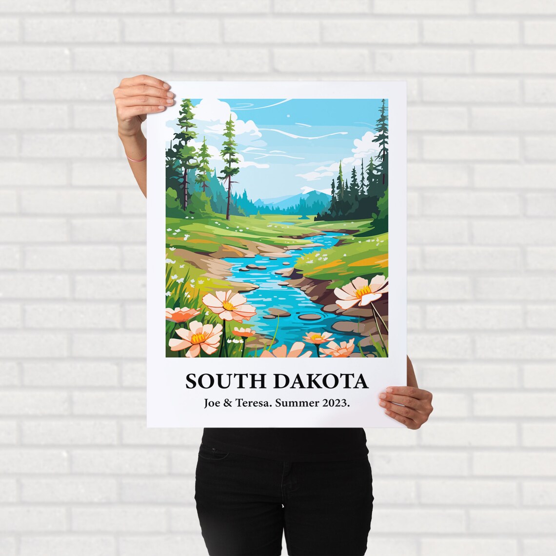 South Dakota Stream Wildflowers Pines Vintage Style Travel Art Poster