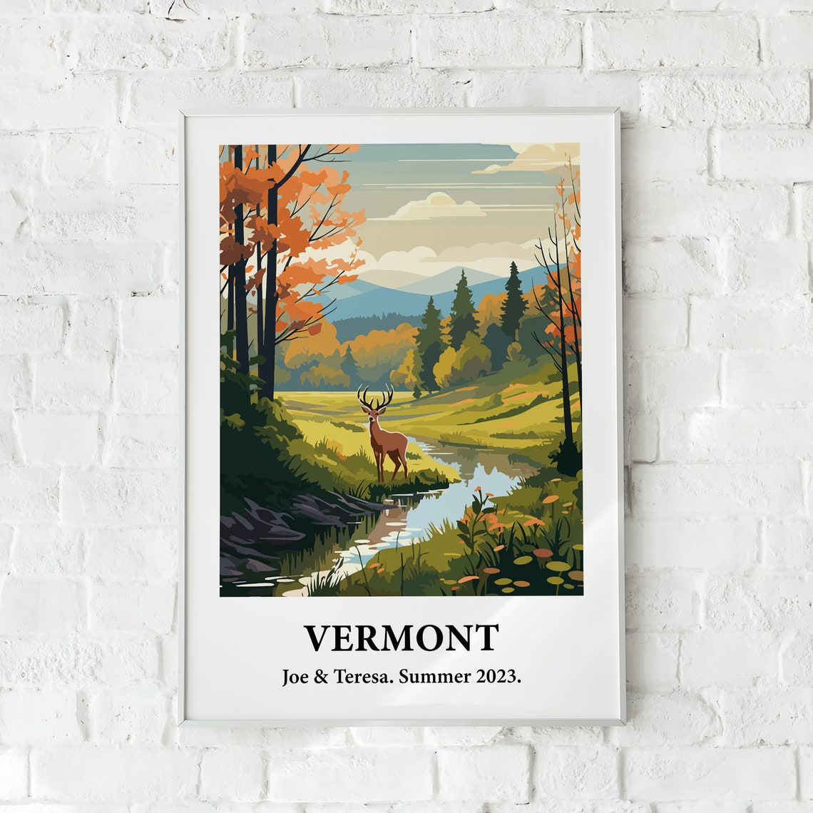 Vermont Deer Stream Autumn Forest Vintage Style Travel Art Poster - Image 3