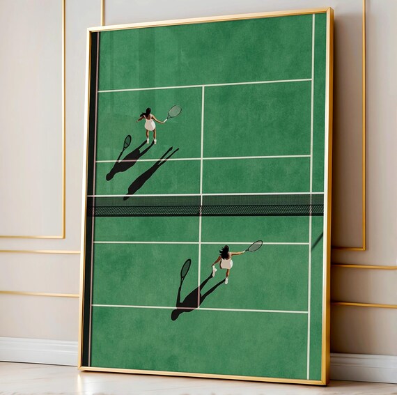 Doubles Tennis Match Aerial View Green Court Two Players Art Poster
