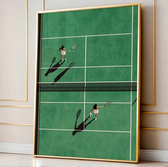 Green Tennis Duo Painting Doubles Wall Art Minimalist Decor For Sports Lovers