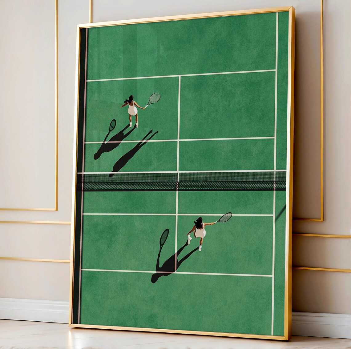 Doubles Tennis Match Aerial View Green Court Two Players Art Poster