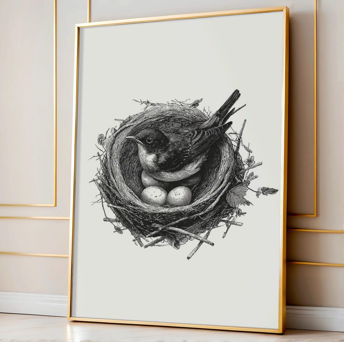 Hummingbird Guarding Nest With Eggs Vintage Engraving Bird Poster