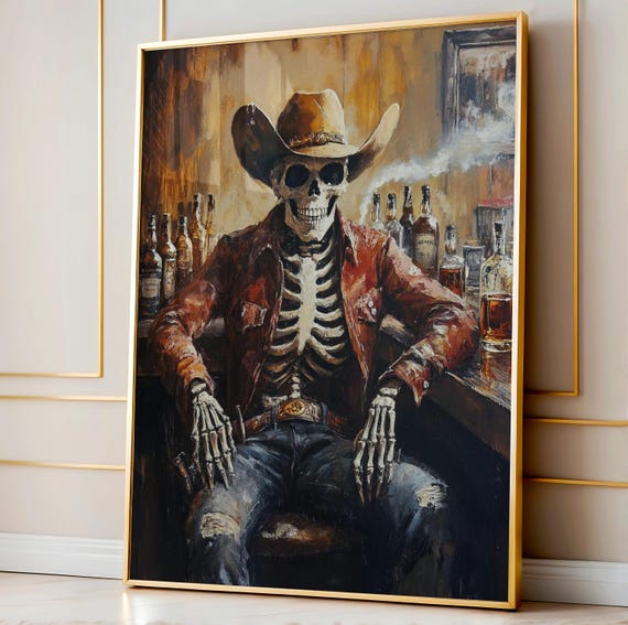 Skeleton Cowboy In A Bar Print Wild West Remains Oil Painting Western Wall Art Road Trip Gift Southwestern