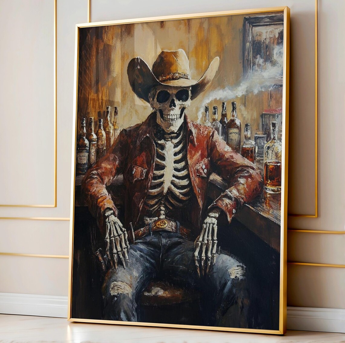 Skeleton Cowboy at the Bar Western Oil Painting Style Wall Poster