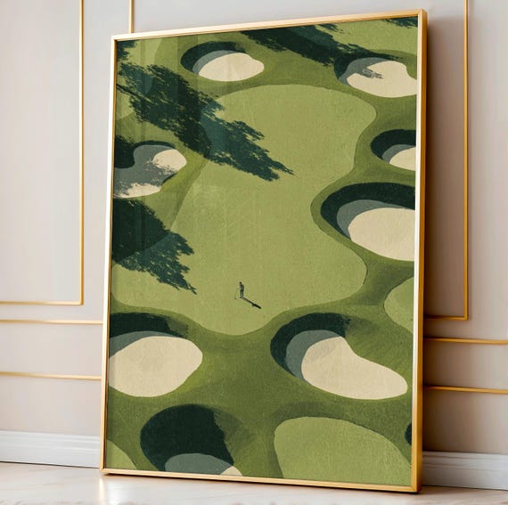 Scattered Sand Traps Art Print Minimalist Golf Poster Tiny Golfer Swinging Vintage Green And Tan Course Illustration