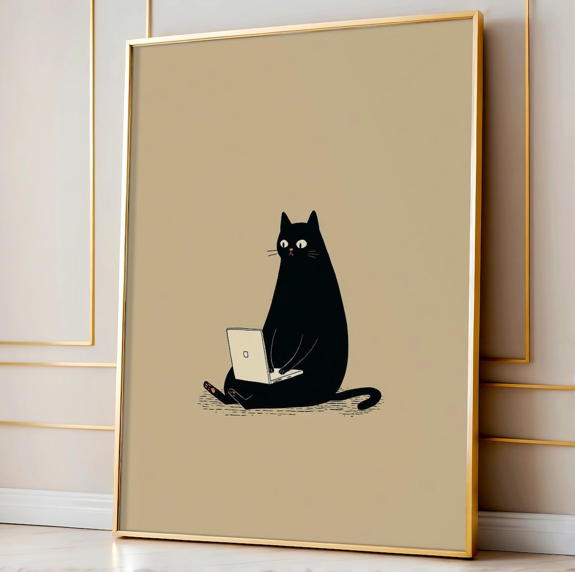Black Cat With Laptop Funny Working From Home Desk Art Poster