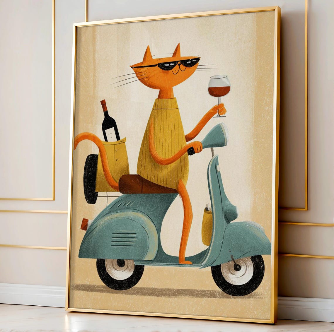 Cool Cat Riding Scooter With Wine Glass Retro Mid-Century Art Poster