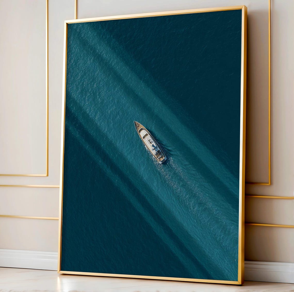 Lone White Yacht From Above on Deep Teal Ocean Minimalist Poster