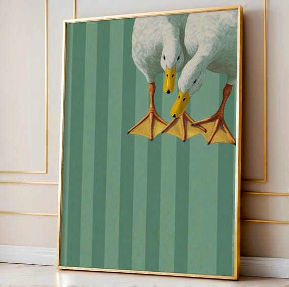 Funny Duck Feet Wall Art Playful Sage Green Stripes Poster Minimal Legs Nursery Kids Room Animal Decor