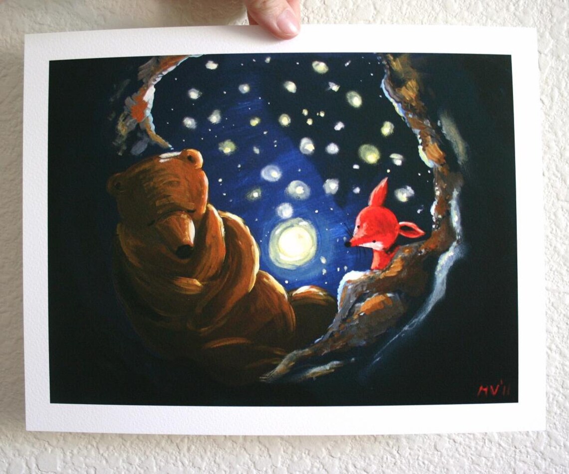 Brown Bear And Red Fox Starry Night Moon Woodland Nursery Art Poster