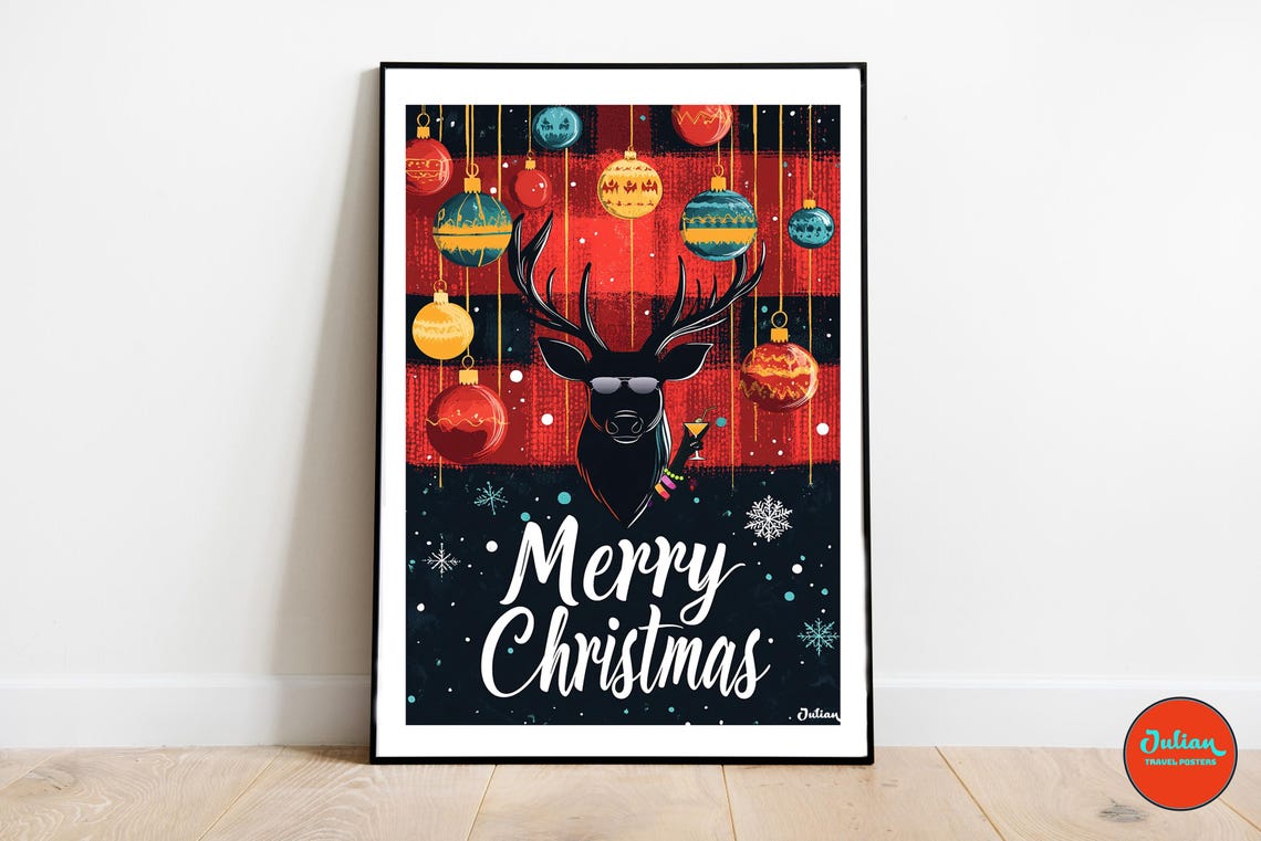 Merry Christmas Cool Reindeer Plaid Holiday Party Art Poster