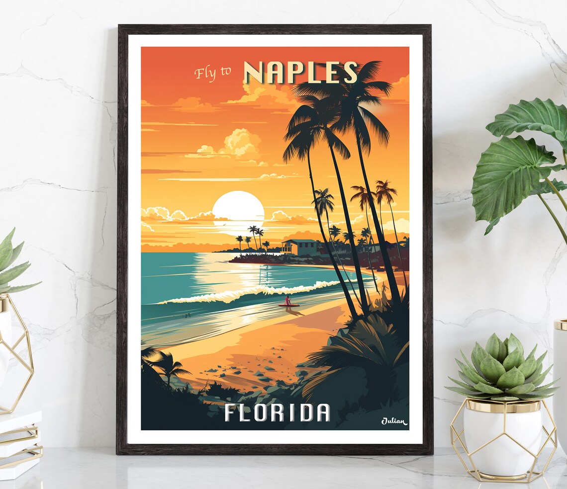 Fly to Naples Florida Sunset Beach Surfing Dream Travel Poster
