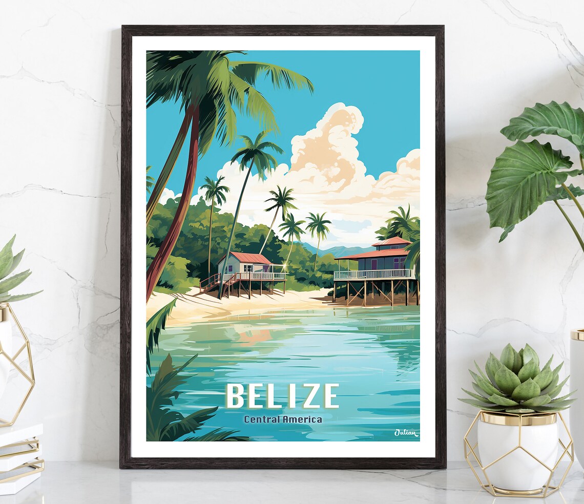 Belize Central America Stilt Huts on Turquoise Shore Travel Poster