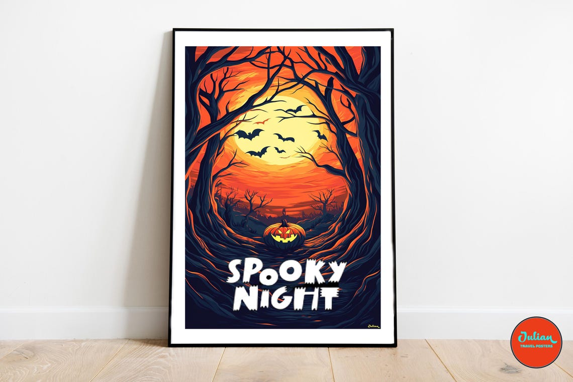 Spooky Night Glowing Pumpkin in Moonlit Forest Halloween Poster