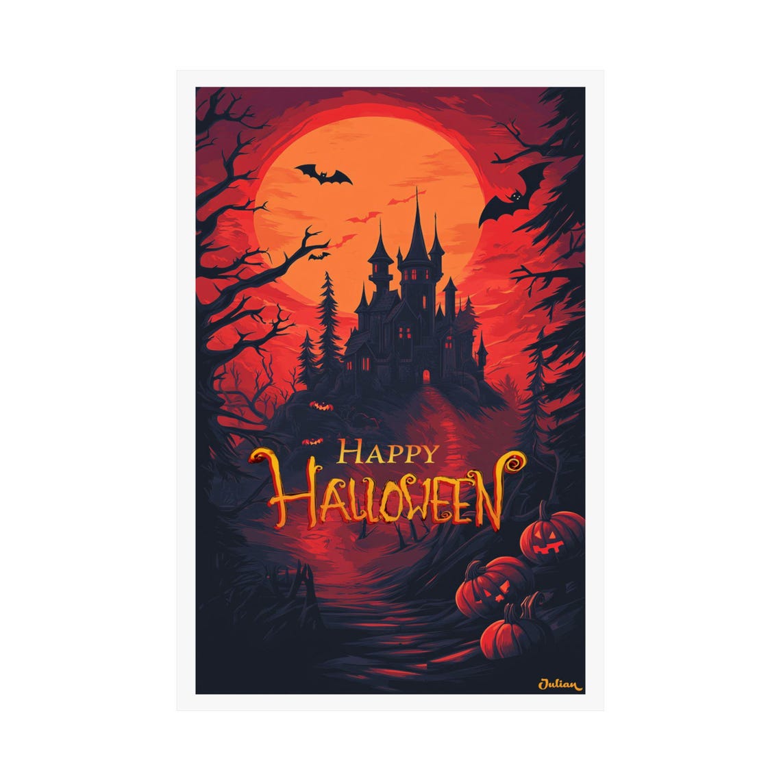 Happy Halloween Haunted Castle Under Blood Red Moon Art Poster - Image 2