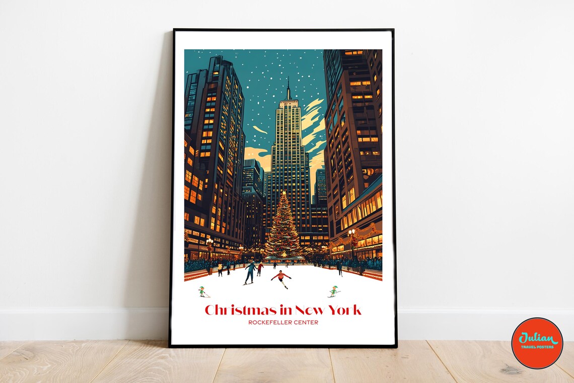 Christmas in New York Rockefeller Center Ice Rink Night Poster
