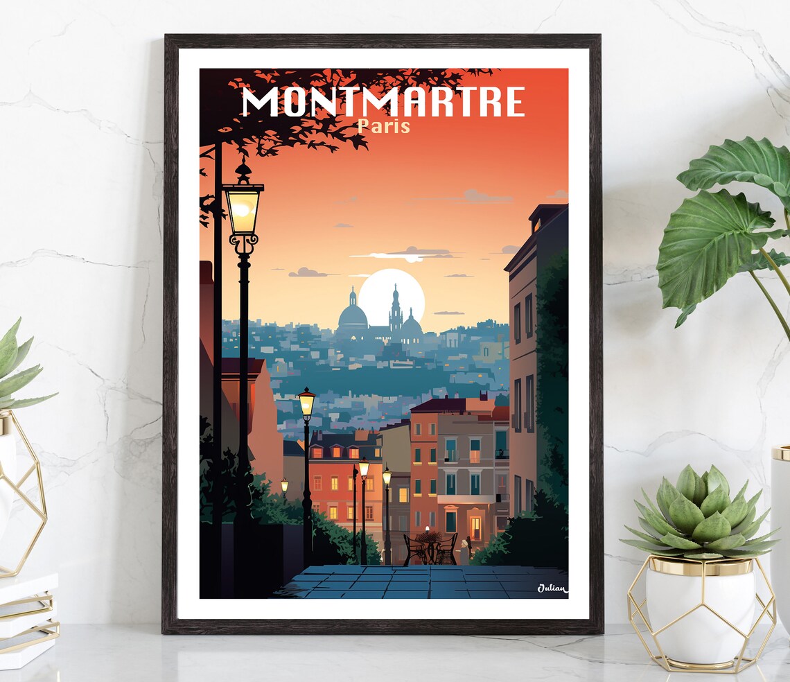 Montmartre Sunset Street with Sacre Coeur Paris France Poster