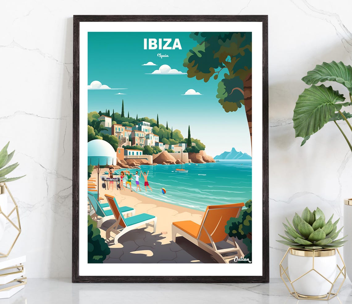 Ibiza Spain Beach Party DJ Turquoise Bay Summer Fun Travel Poster