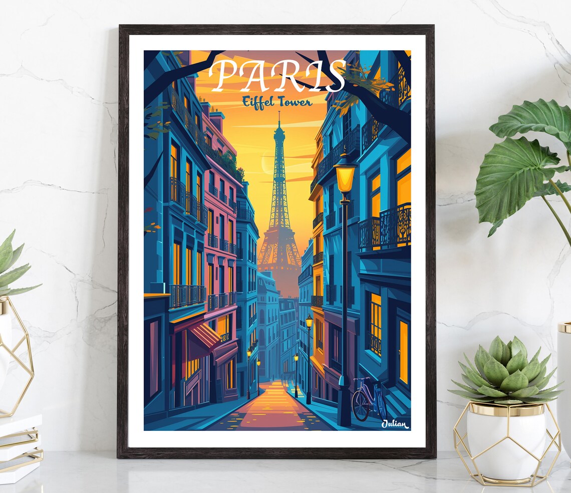 Paris Eiffel Tower Glowing Sunset Street France Travel Poster