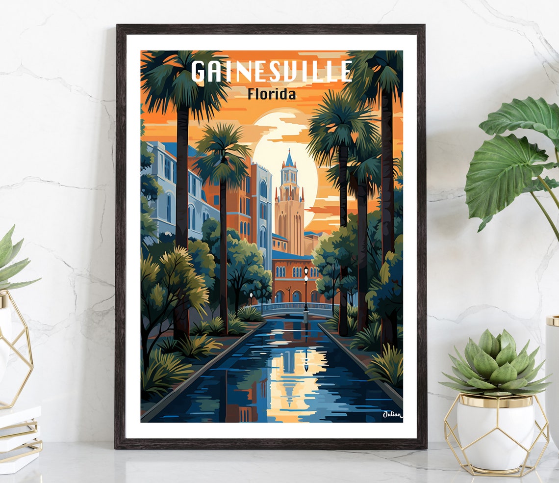 Gainesville Florida Palm Lined Canal Reflecting Sunset Poster