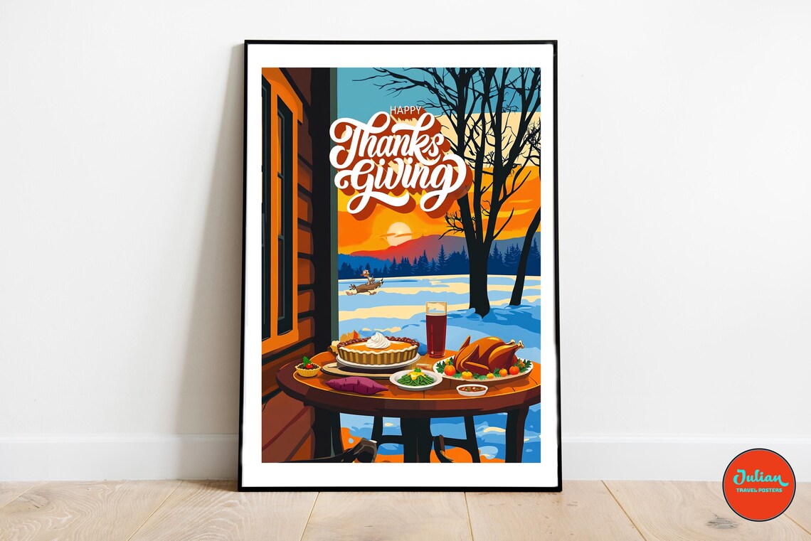 Happy Thanksgiving Winter Cabin Porch Feast Over Snowy Lake Poster