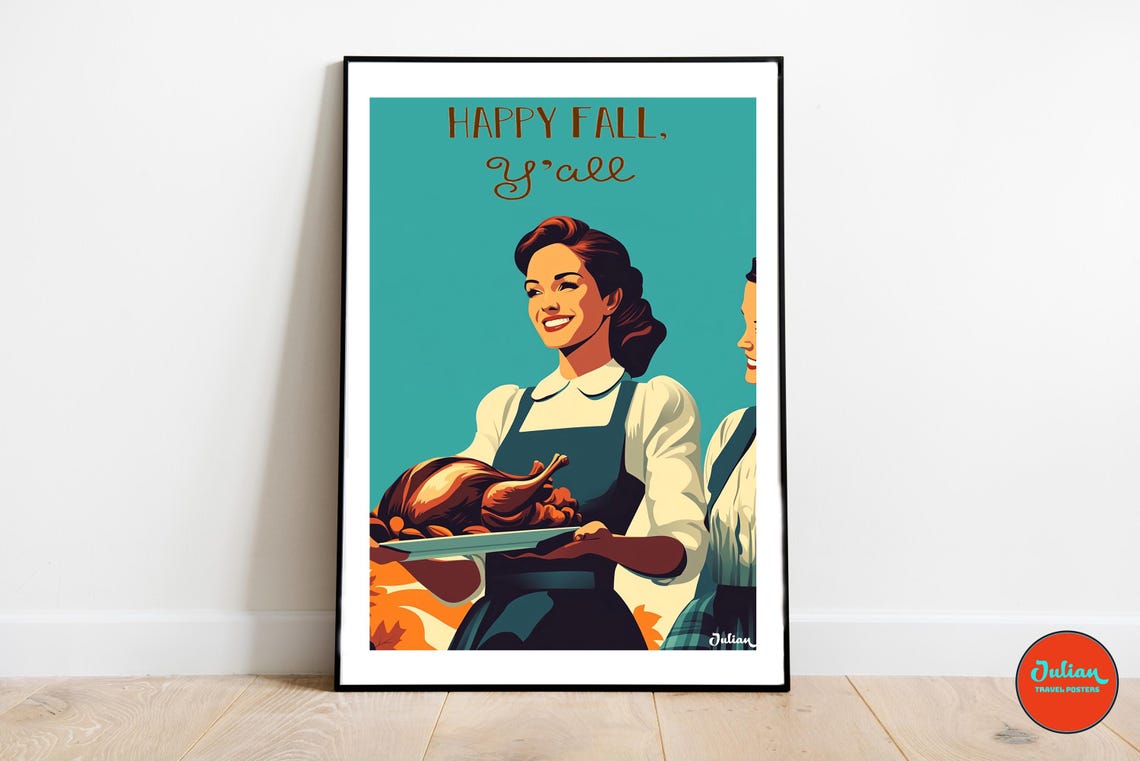 Happy Fall Y'all Retro Housewife Carrying Roast Turkey Poster