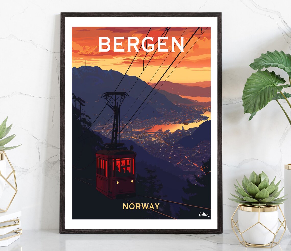 Bergen Norway Cable Car Sunset Over Fjord City View Travel Poster
