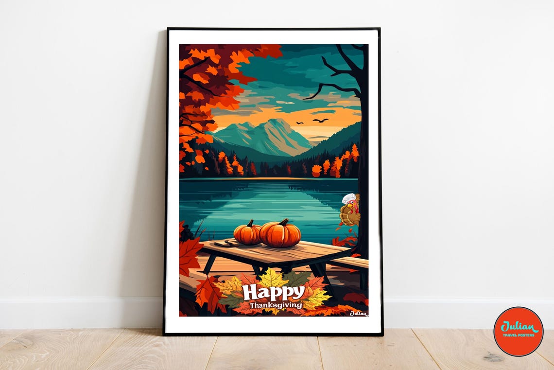 Happy Thanksgiving Autumn Lake Picnic With Pumpkins Sunset Poster
