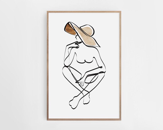 Woman Sun Hat Single Line Drawing Seated Figure Minimal Wall Poster