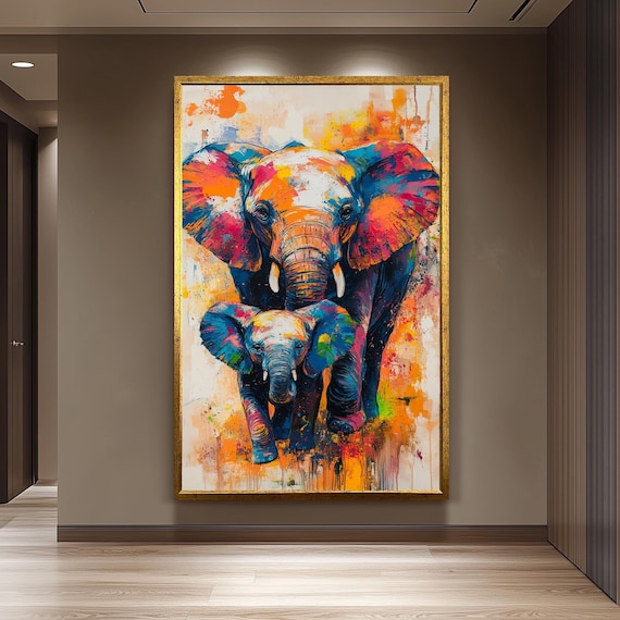 Colorful Elephant Family Mother Calf Pop Art Painting Poster