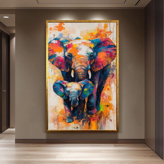 Colorful Elephant Family Pop Art Painting On Canvas Vibrant Abstract Wildlife Wall For Modern Living Room Or Nursery Decor