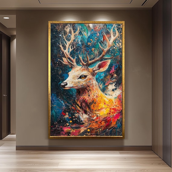 Colorful Abstract Stag Antlers Impasto Wildlife Expressionist Poster