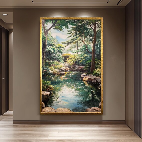 Vintage Garden Pond Canvas Wall Art Water Reflection Nature Scene Print For Rustic Living Room Or Office Retro Botanical Decor Floral