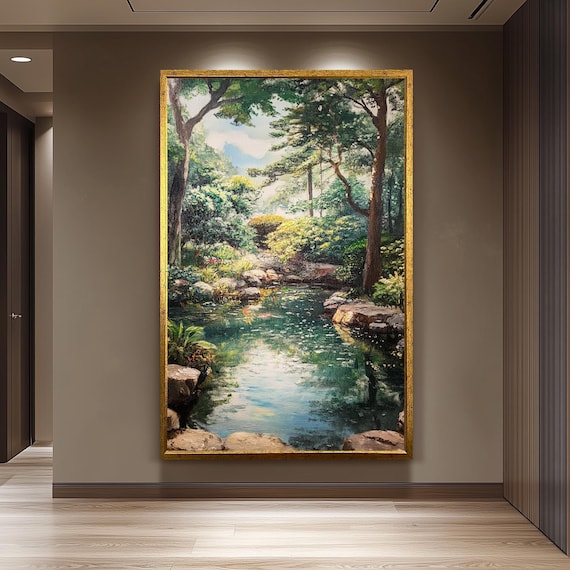 Vintage Garden Pond Oil Painting Trees and Rocks Water Reflection Poster