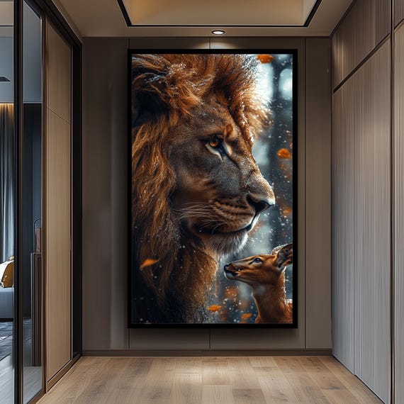 Lion And Deer Winter Forest Wall Art Surreal Wildlife Scene For Living Room Cabin Or Office Unique Nature Decor Gift Lovers