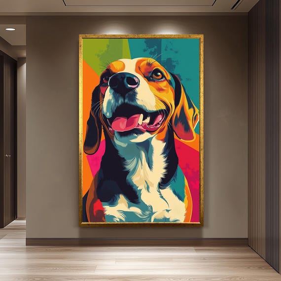 Pop Art Beagle Canvas Wall Print Retro Colorful Dog Portrait For Living Room Nursery Or Office Fun And Lovers