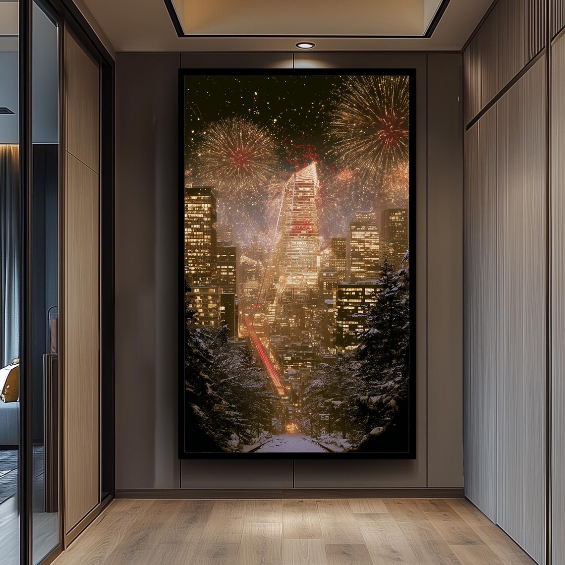 Golden Fireworks Over Snowy City Skyline, Art Print
