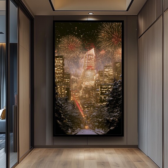 Golden Fireworks Over Snowy City Skyline, Art Print