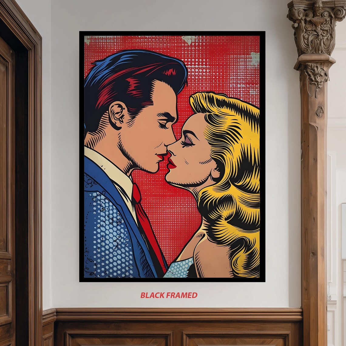 Pop Art Couple Kiss Retro Comic Style Love Romance Scene Poster