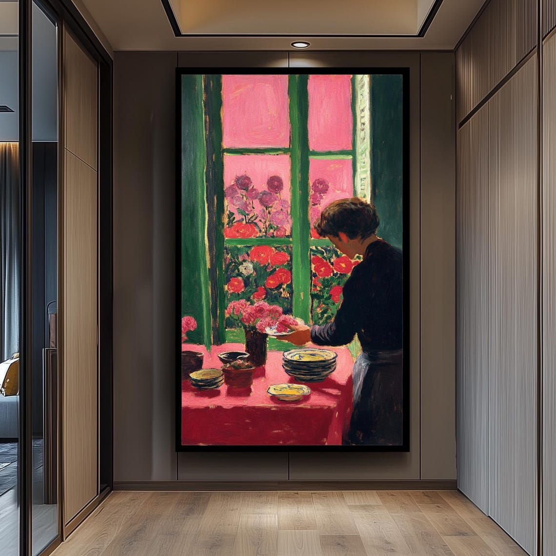 Matisse Style Kitchen Window Pink Flowers Bold Color Interior Poster